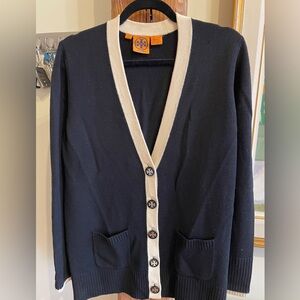 Tory Burch 100% Merino Wool Black and Cream Logo-Button Knit Cardigan